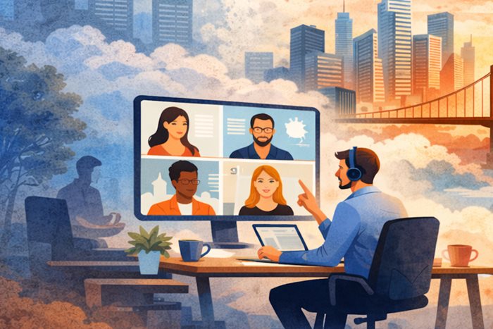 Uomo con cuffie al computer in videoriunione su un grande schermo con quattro partecipanti, sullo sfondo skyline urbano tra nuvole e un ponte al tramo